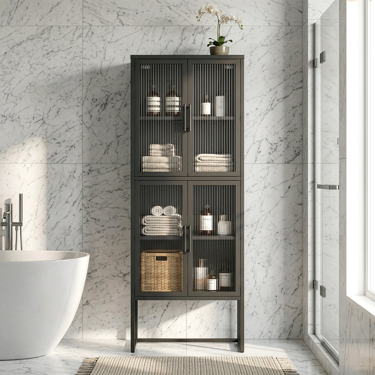 Benvolio 65.35-inch Black Four Door Storage Cabinet with Fluted Clear Doors