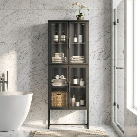 Benvolio 65.35-inch Black Four Door Storage Cabinet with Fluted Clear Doors