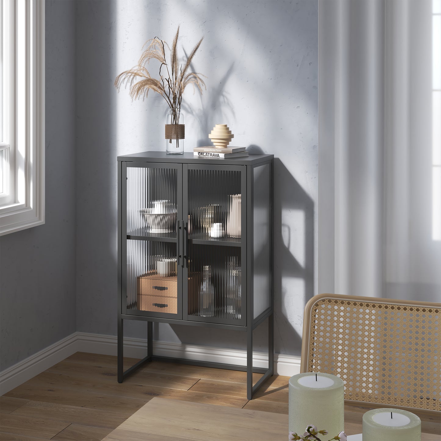 Benvolio 41.34-inch Black Two Door Storage Cabinet with Fluted Clear Doors