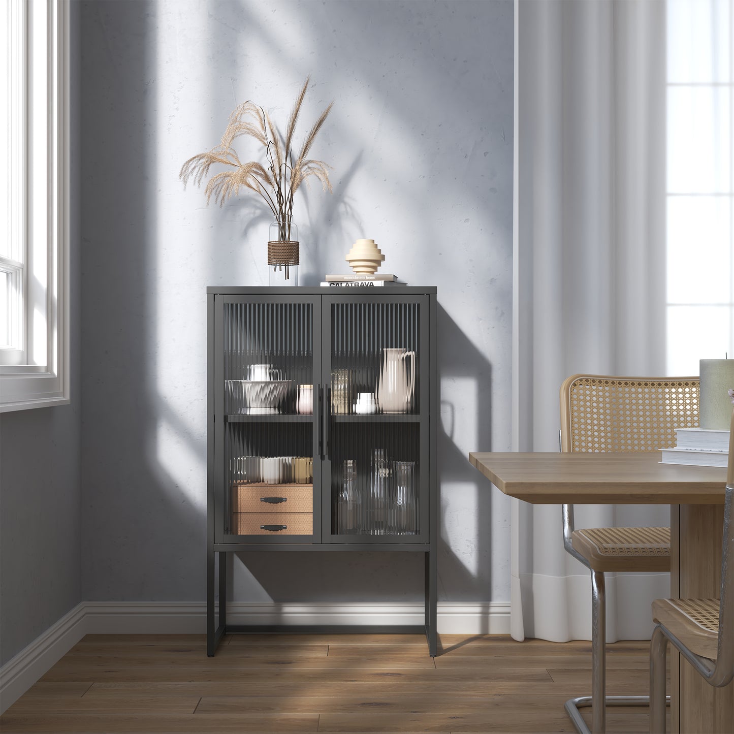 Benvolio 41.34-inch Black Two Door Storage Cabinet with Fluted Clear Doors