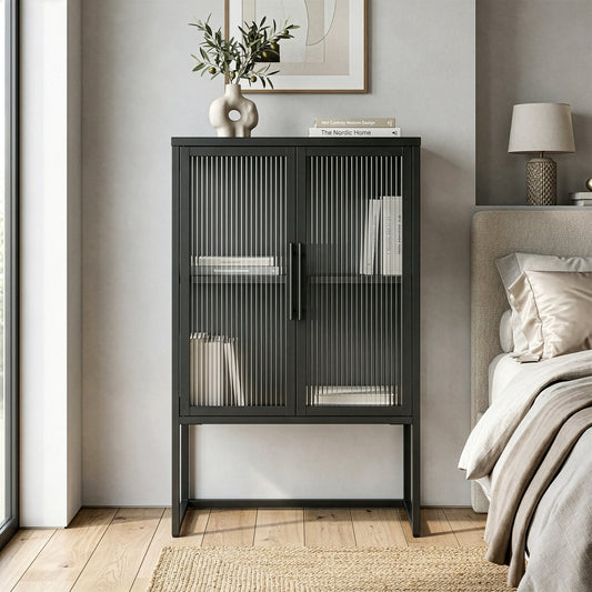 Benvolio 41.34-inch Black Two Door Storage Cabinet with Fluted Clear Doors