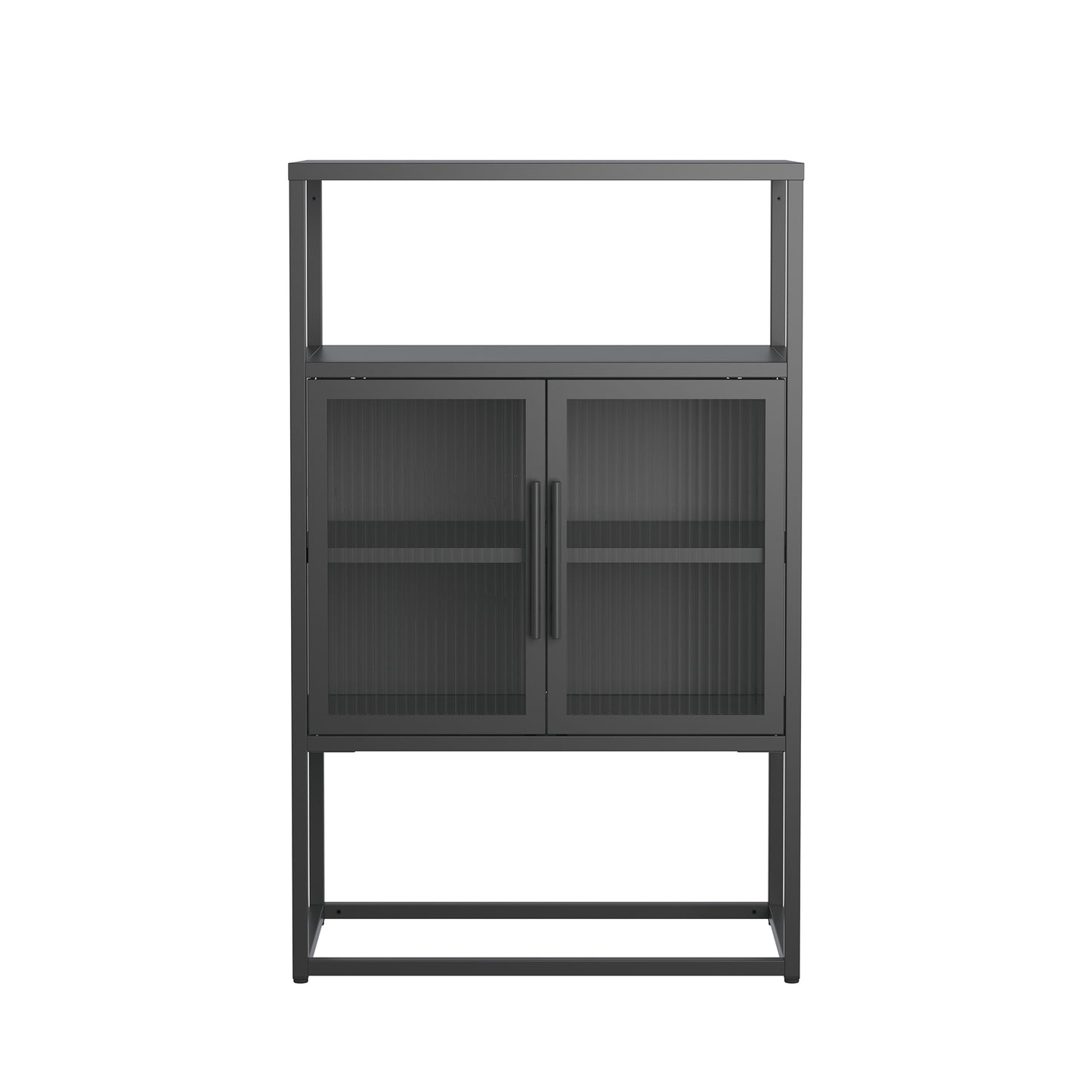 Benvolio 41.34-inch Black Two Door Storage Cabinet with Fluted Clear Doors and Above Cabinet Display