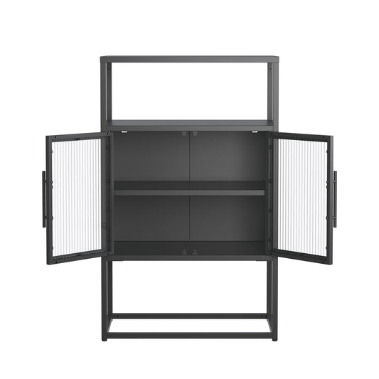 Benvolio 41.34-inch Black Two Door Storage Cabinet with Fluted Clear Doors and Above Cabinet Display