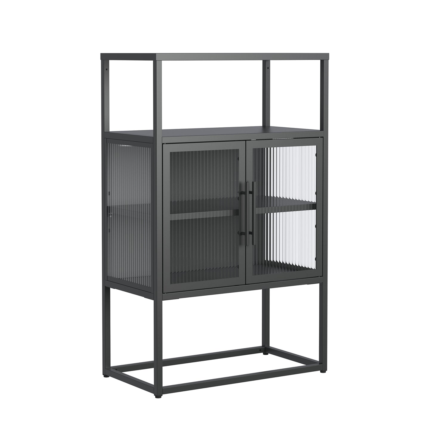 Benvolio 41.34-inch Black Two Door Storage Cabinet with Fluted Clear Doors and Above Cabinet Display
