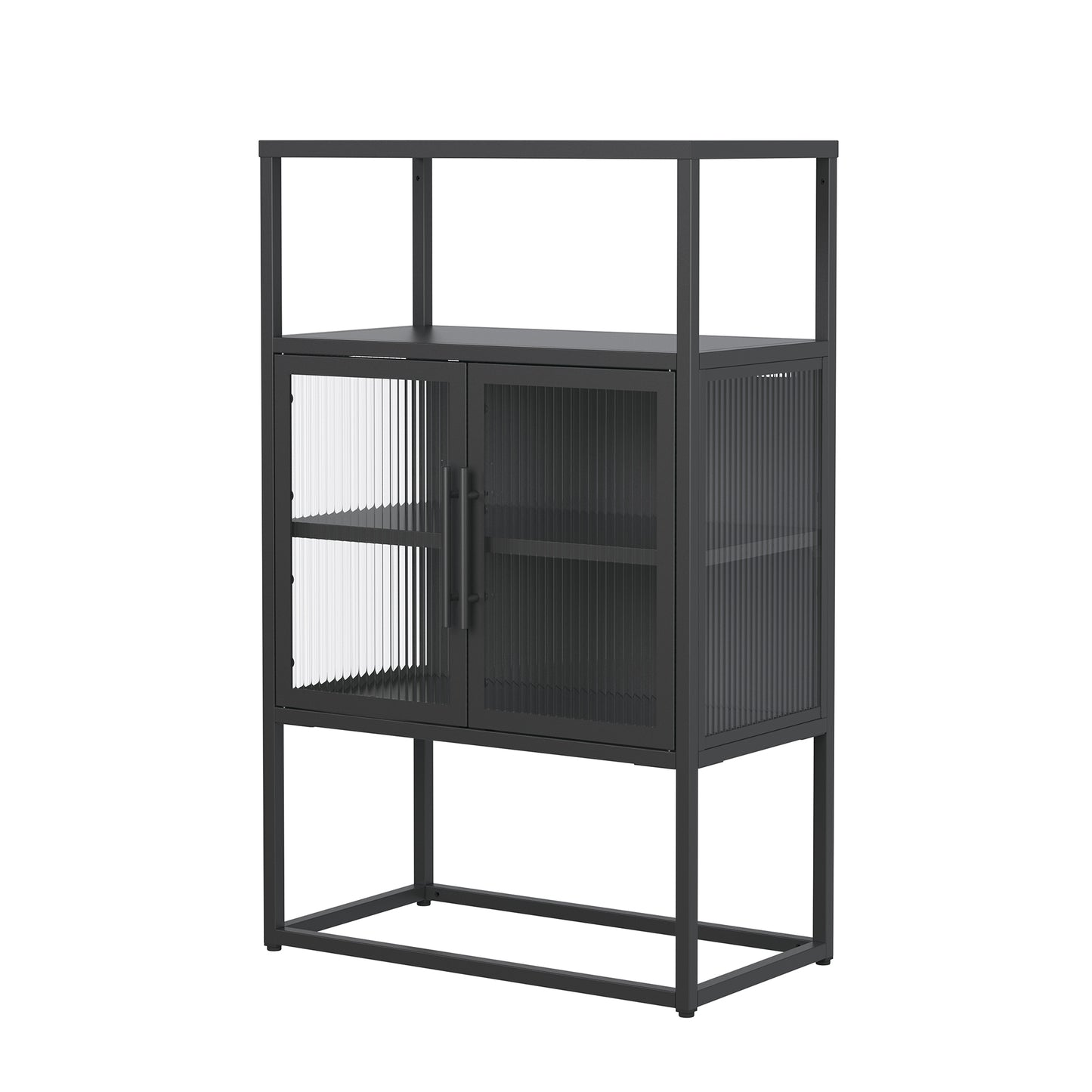 Benvolio 41.34-inch Black Two Door Storage Cabinet with Fluted Clear Doors and Above Cabinet Display