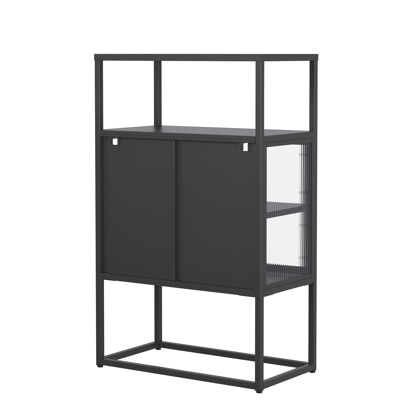 Benvolio 41.34-inch Black Two Door Storage Cabinet with Fluted Clear Doors and Above Cabinet Display