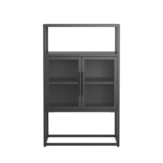 Benvolio 41.34-inch Black Two Door Storage Cabinet with Fluted Clear Doors and Above Cabinet Display