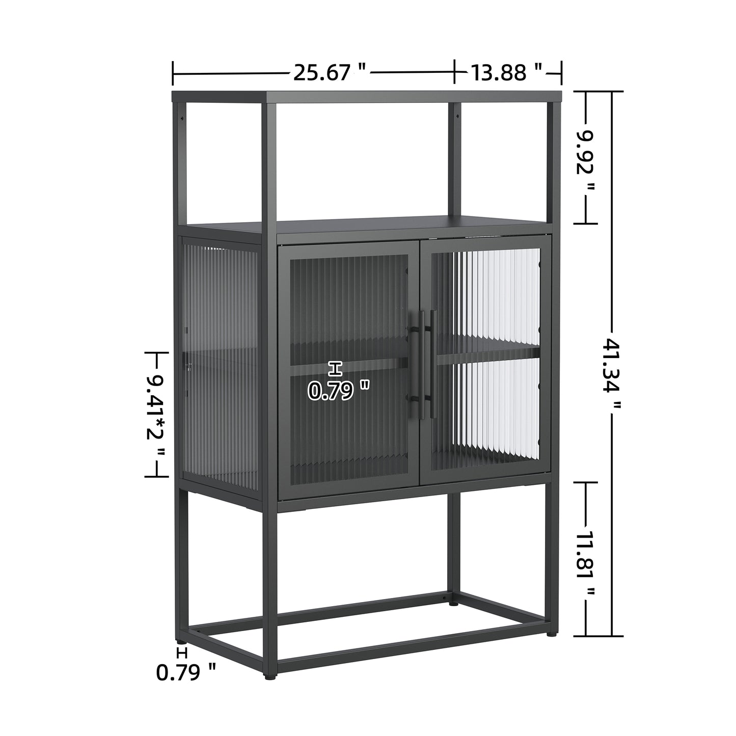 Benvolio 41.34-inch Black Two Door Storage Cabinet with Fluted Clear Doors and Above Cabinet Display