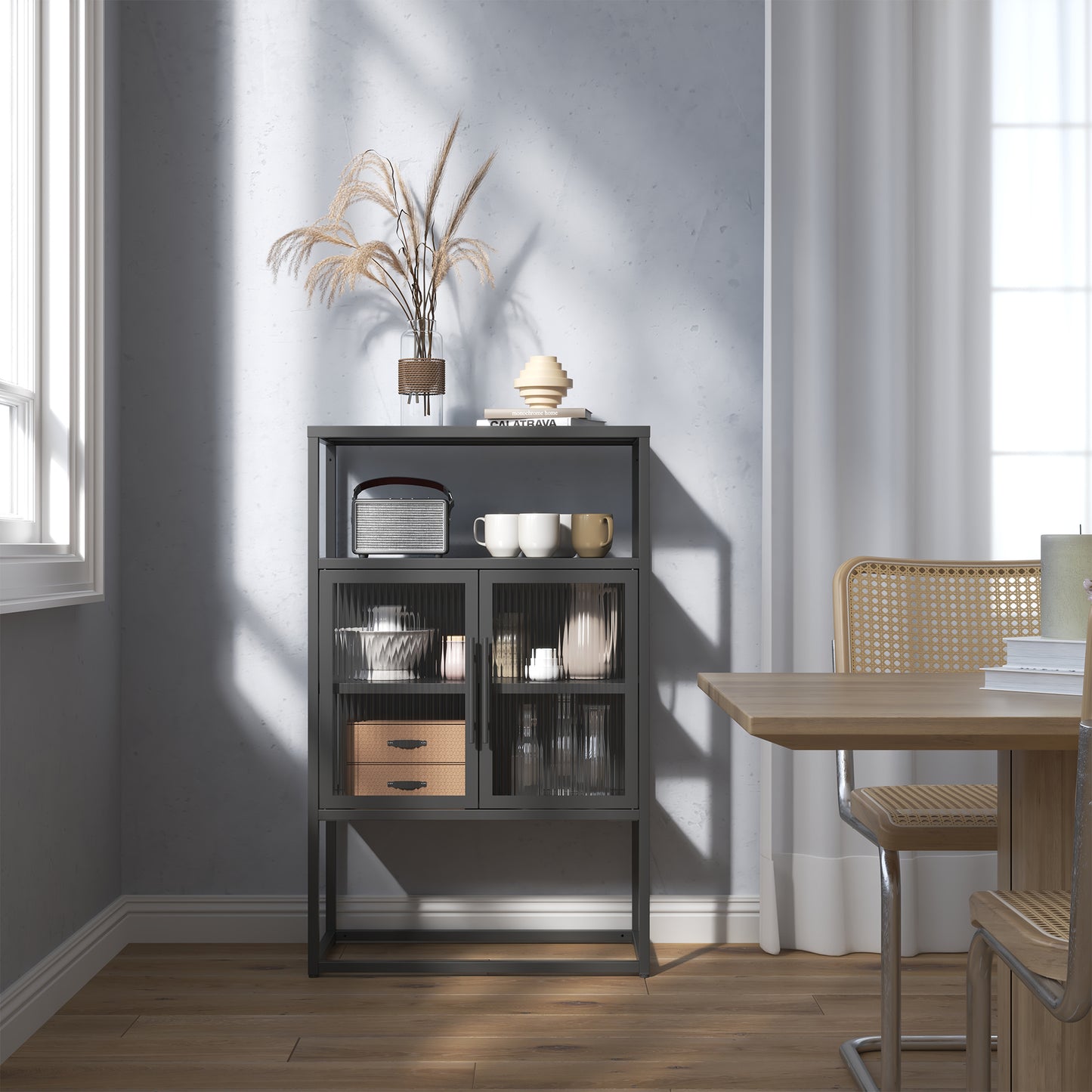 Benvolio 41.34-inch Black Two Door Storage Cabinet with Fluted Clear Doors and Above Cabinet Display