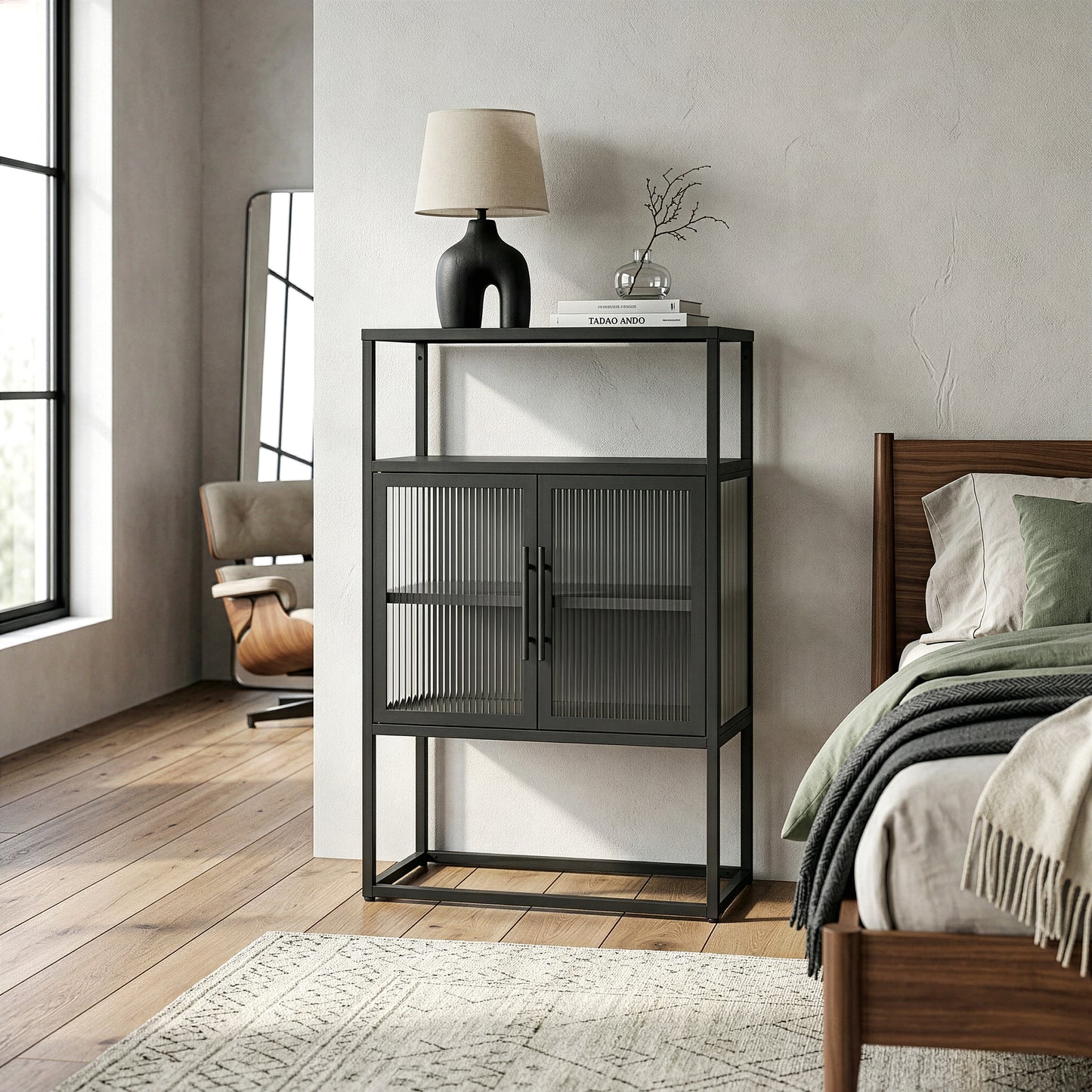 Benvolio 41.34-inch Black Two Door Storage Cabinet with Fluted Clear Doors and Above Cabinet Display