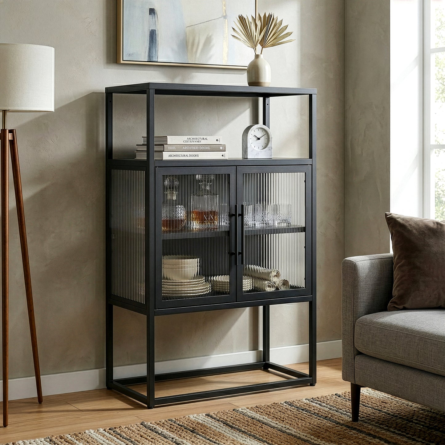 Benvolio 41.34-inch Black Two Door Storage Cabinet with Fluted Clear Doors and Above Cabinet Display