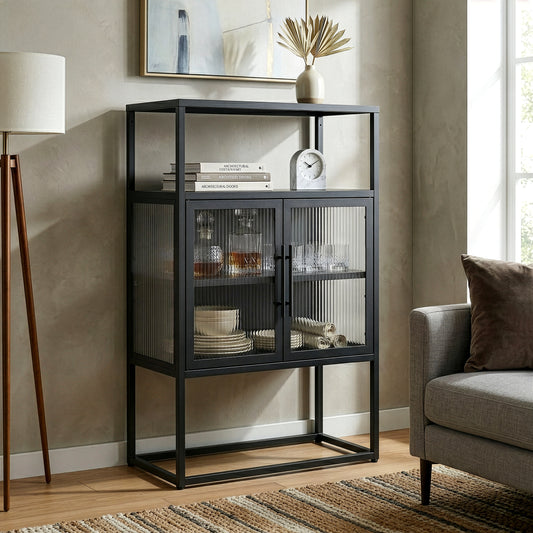 Benvolio 41.34-inch Black Two Door Storage Cabinet with Fluted Clear Doors and Above Cabinet Display