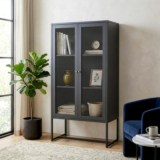 Bentley 59.11-inch Black Two Door Storage Cabinet with Mesh Doors