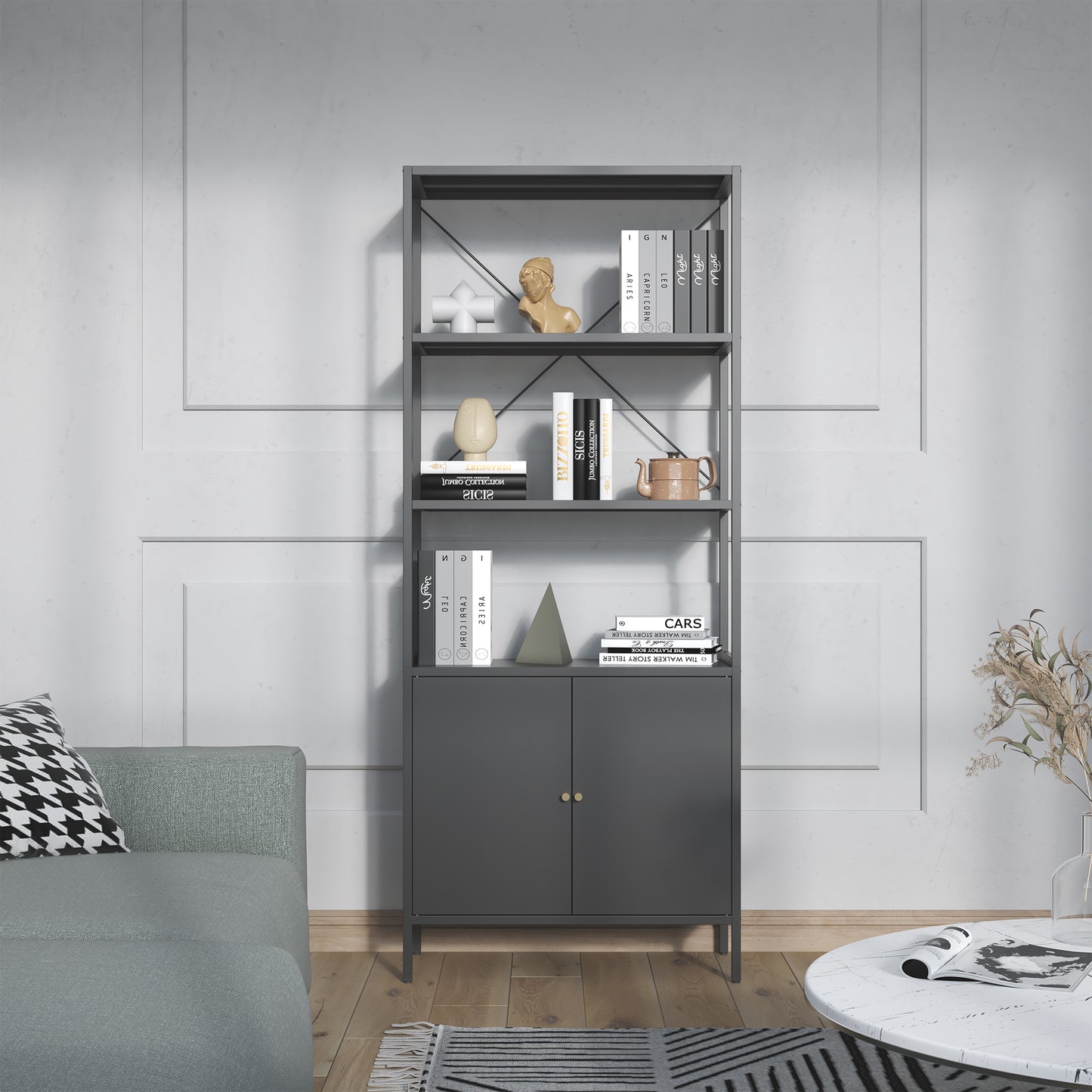 Benson 71.25-inch Black Two Door Storage Cabinet with Open and Closed Shelving