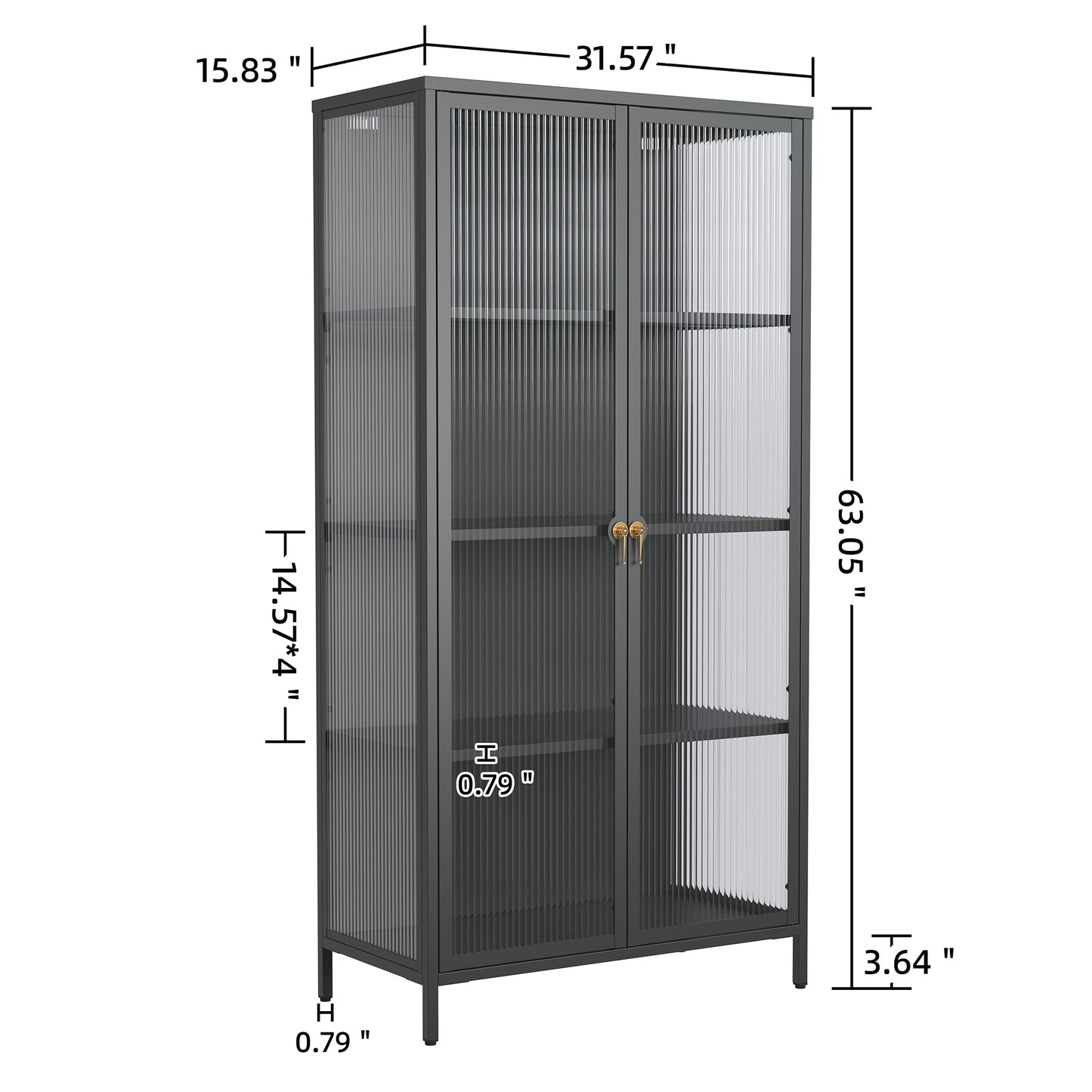 Benoite 63.05-inch Black Two Door Storage Cabinet with Fluted Clear Doors and Gold Handles