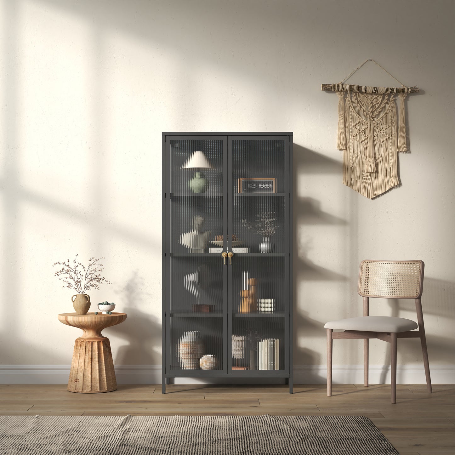 Benoite 63.05-inch Black Two Door Storage Cabinet with Fluted Clear Doors and Gold Handles