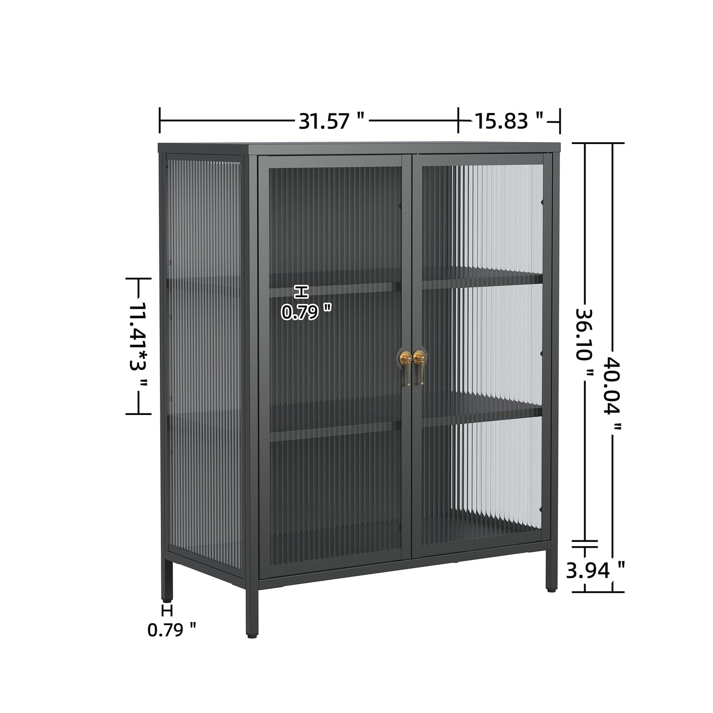 Benoite 40.04-inch Black Two Door Storage Cabinet with Fluted Clear Doors and Gold Handles