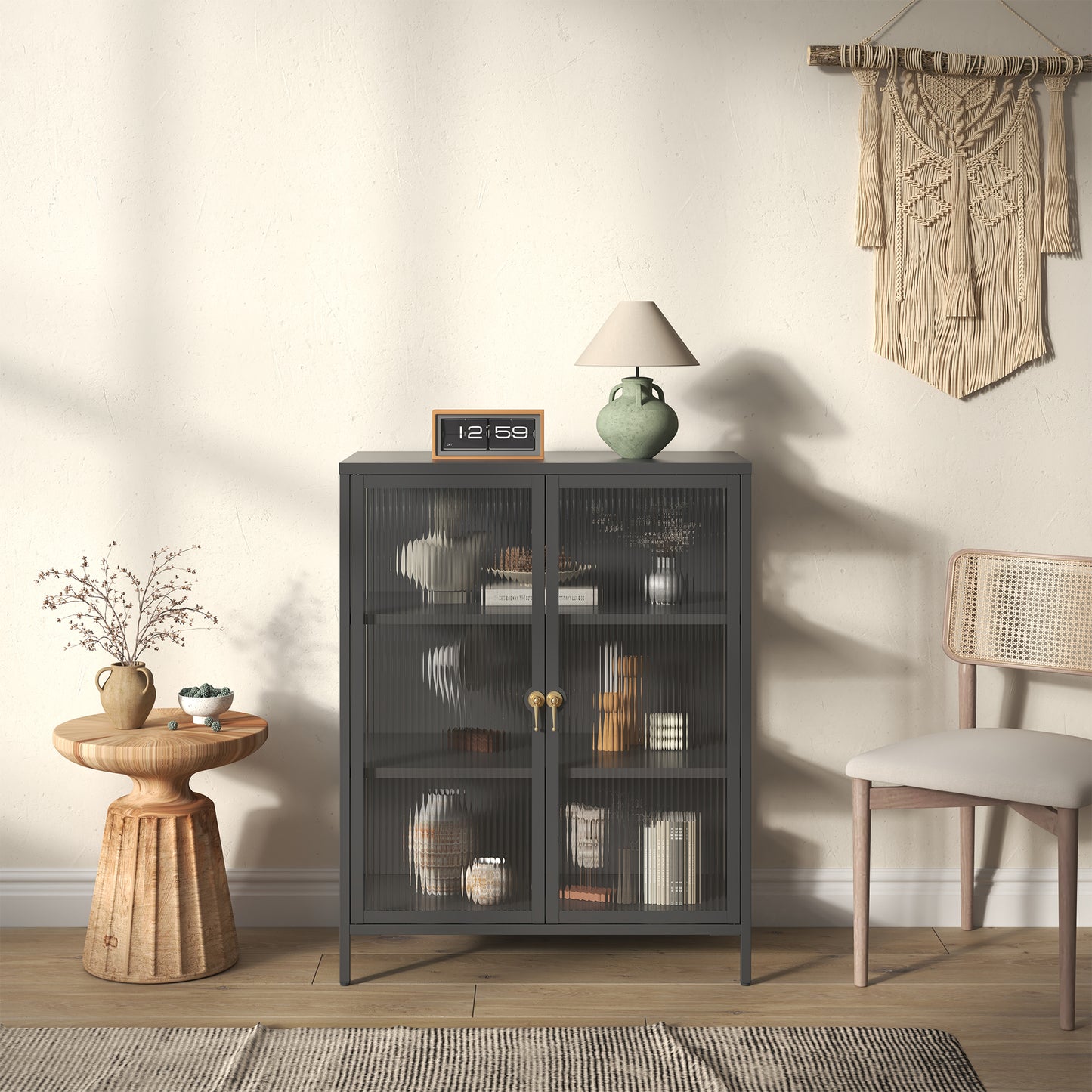 Benoite 40.04-inch Black Two Door Storage Cabinet with Fluted Clear Doors and Gold Handles