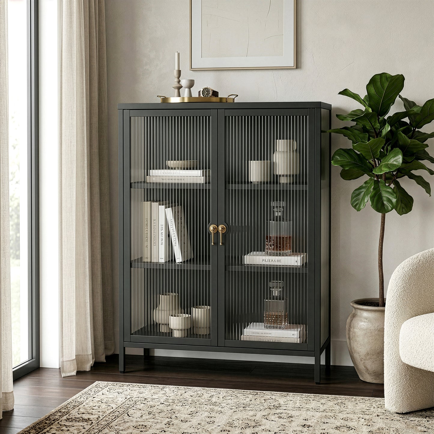 Benoite 40.04-inch Black Two Door Storage Cabinet with Fluted Clear Doors and Gold Handles