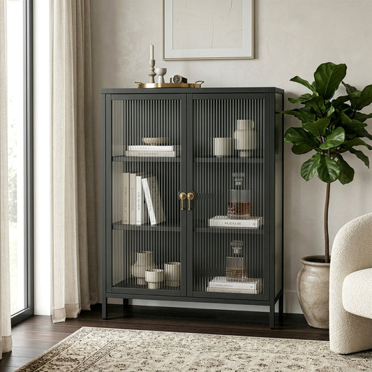 Benoite 40.04-inch Black Two Door Storage Cabinet with Fluted Clear Doors and Gold Handles