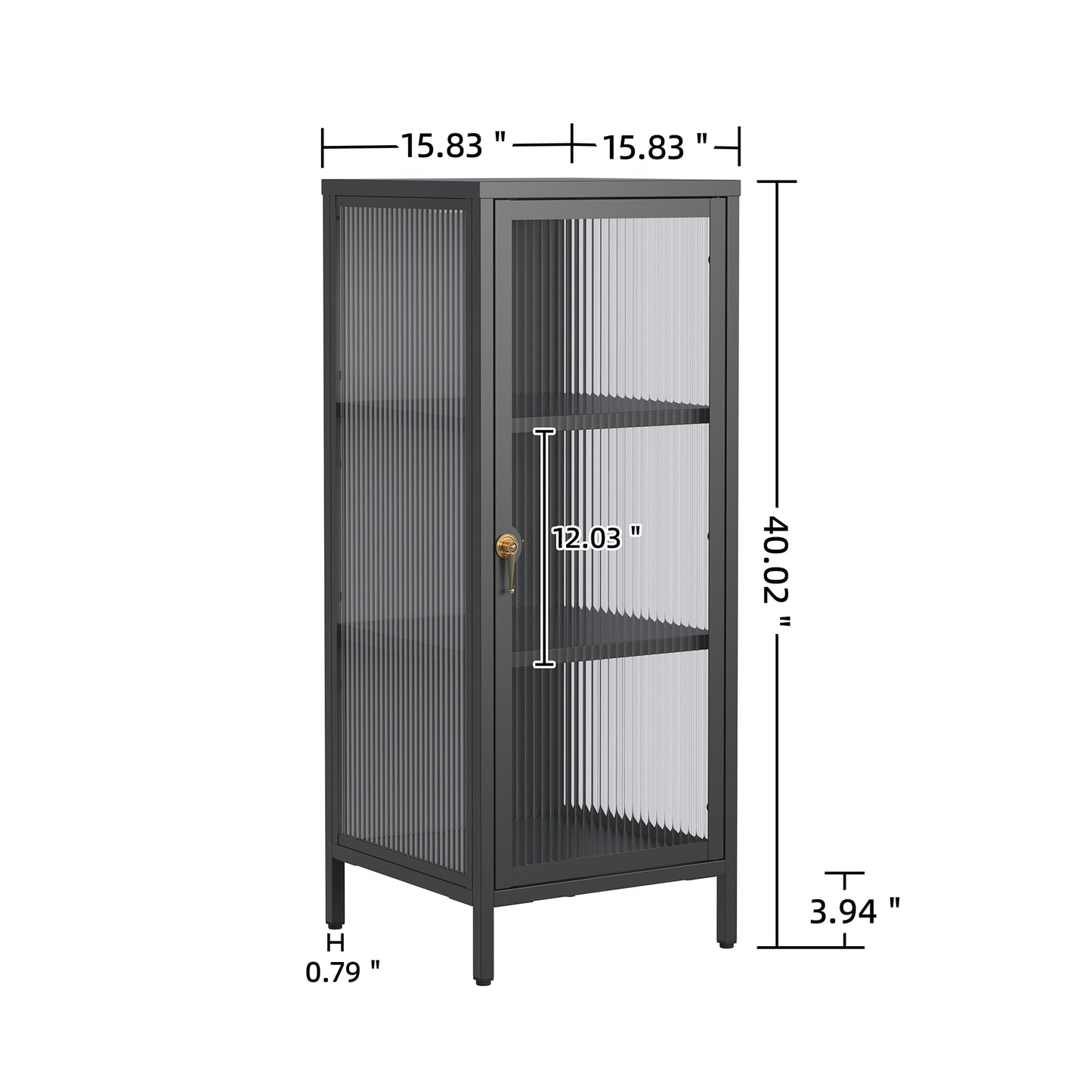 Benoite 40.02-inch Black One Door Storage Cabinet with Fluted Clear Door and Gold Handle