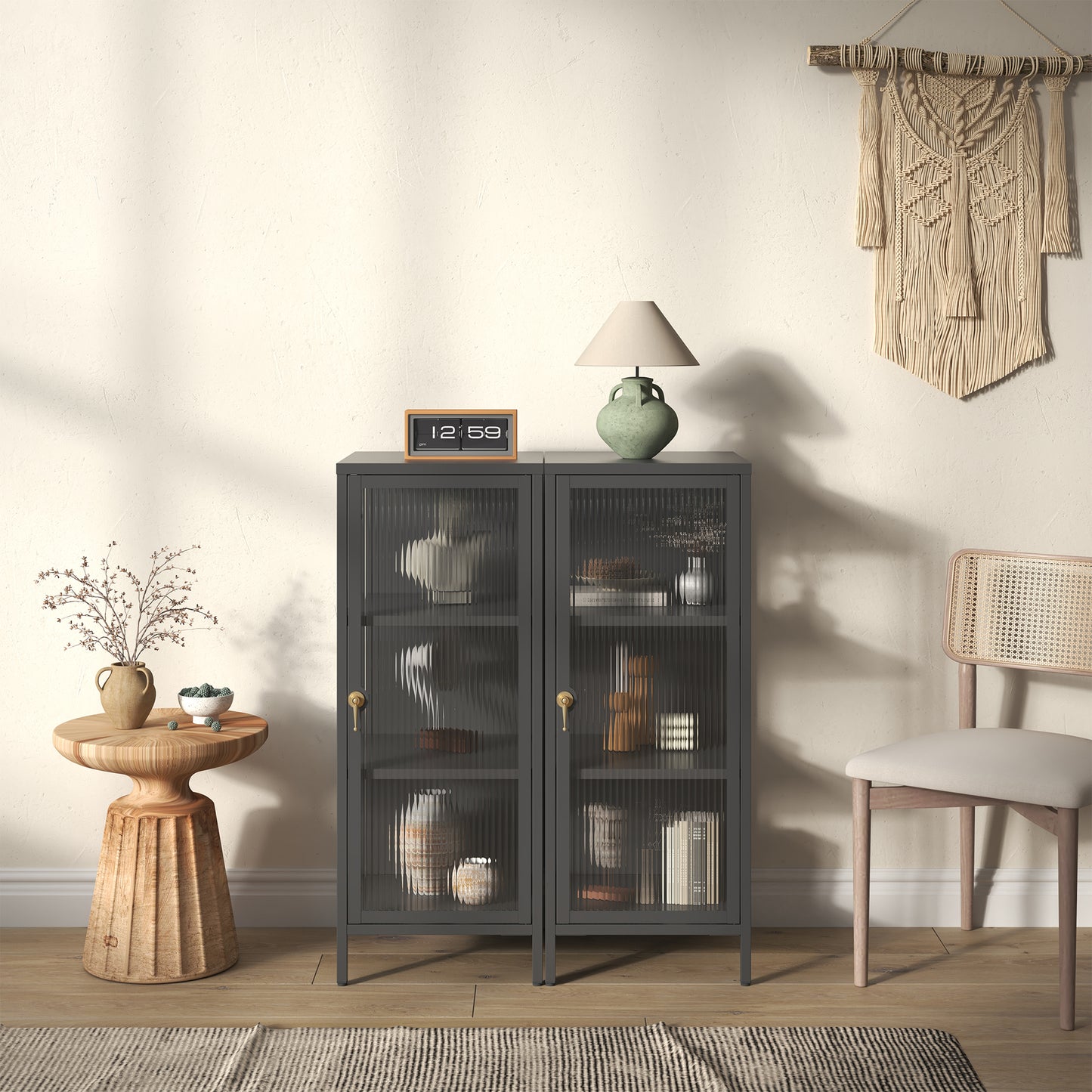 Benoite 40.02-inch Black One Door Storage Cabinet with Fluted Clear Door and Gold Handle