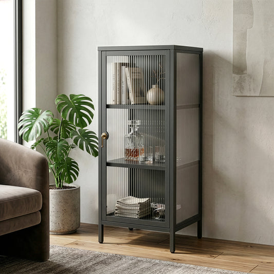 Benoite 40.02-inch Black One Door Storage Cabinet with Fluted Clear Door and Gold Handle