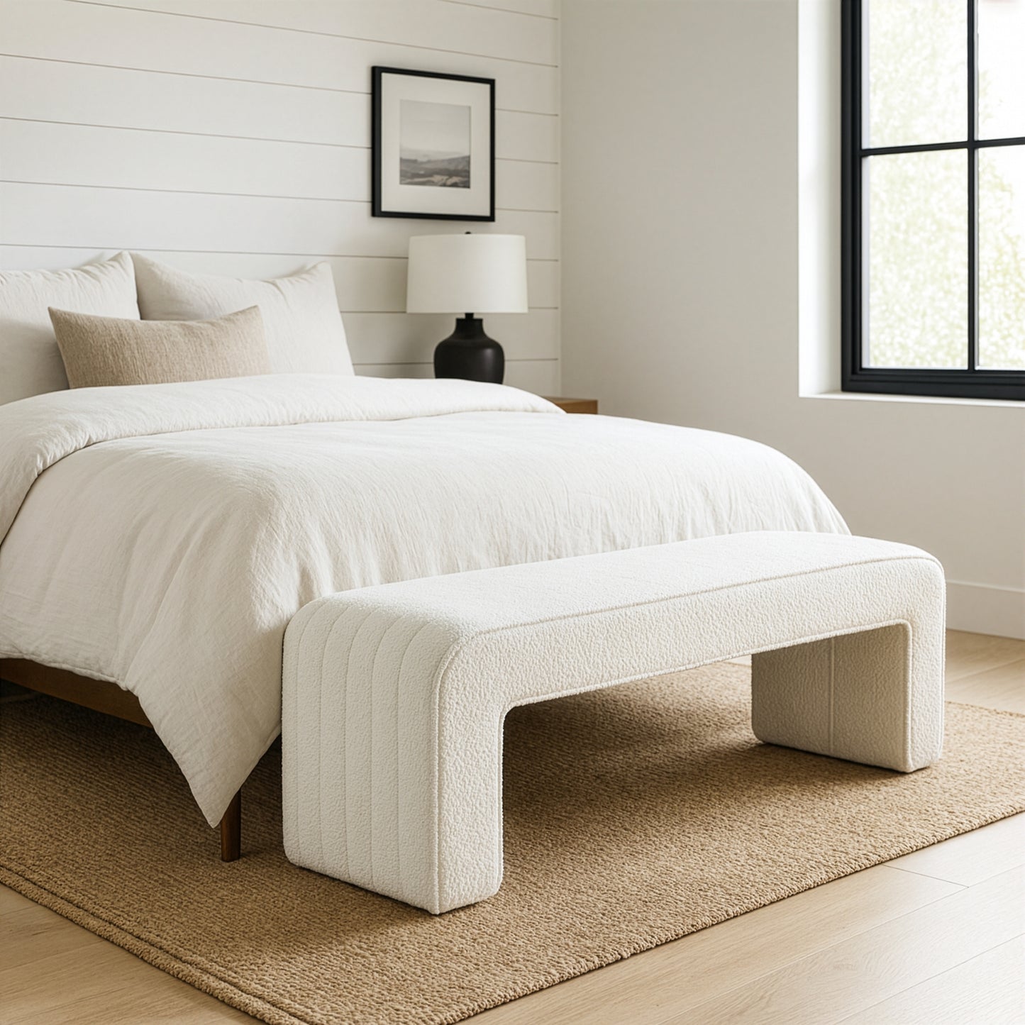 Benicia White Boucle Upholstered Fabric Tufted Bench