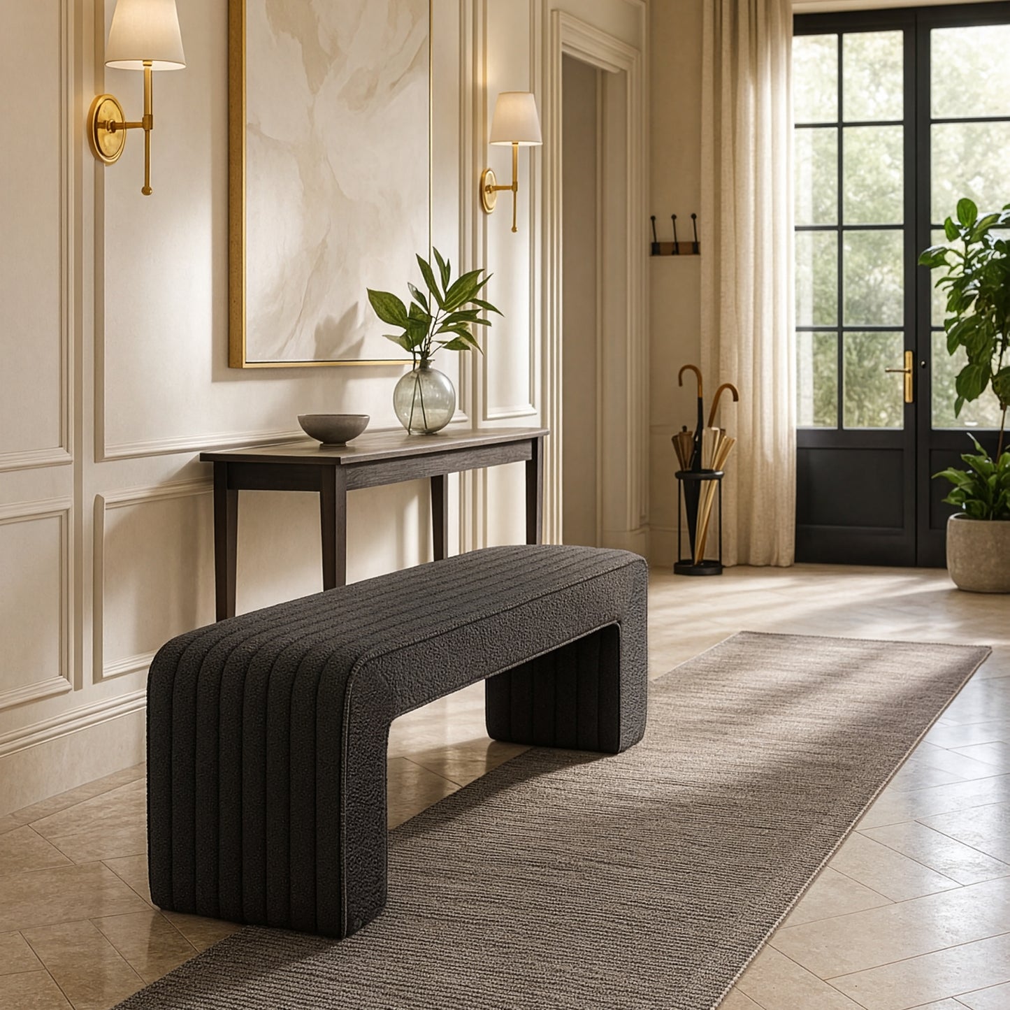 Benicia Gray Boucle Upholstered Fabric Tufted Bench