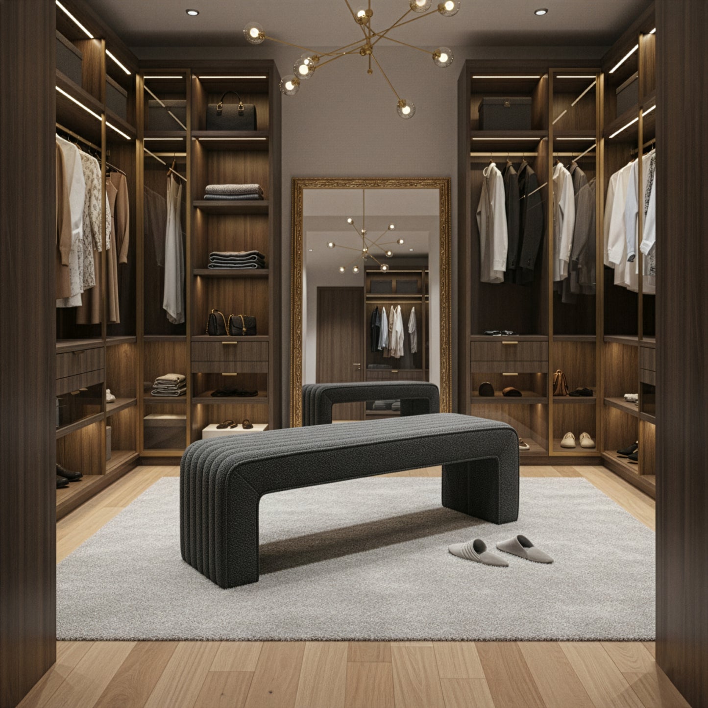 Benicia Gray Boucle Upholstered Fabric Tufted Bench