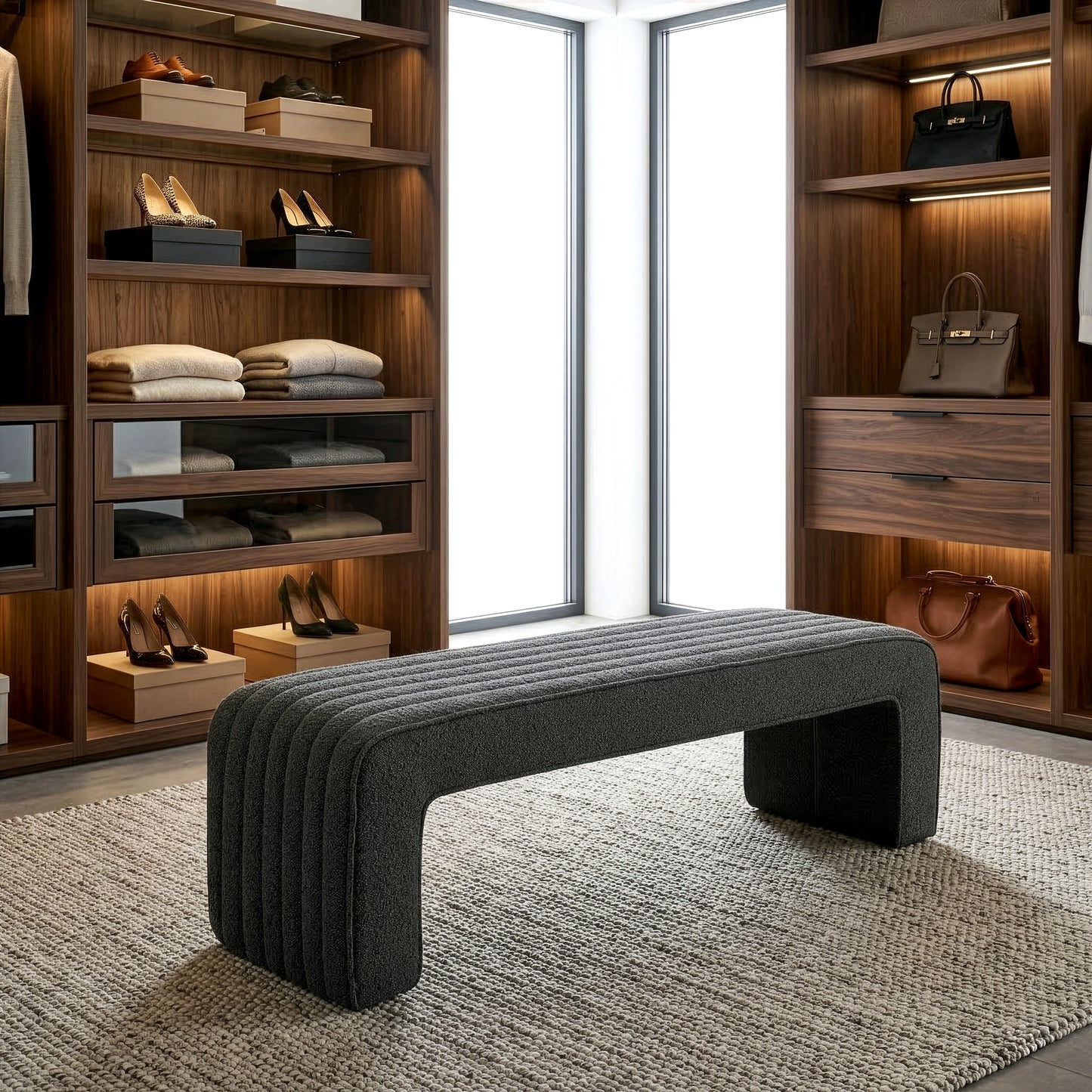 Benicia Gray Boucle Upholstered Fabric Tufted Bench
