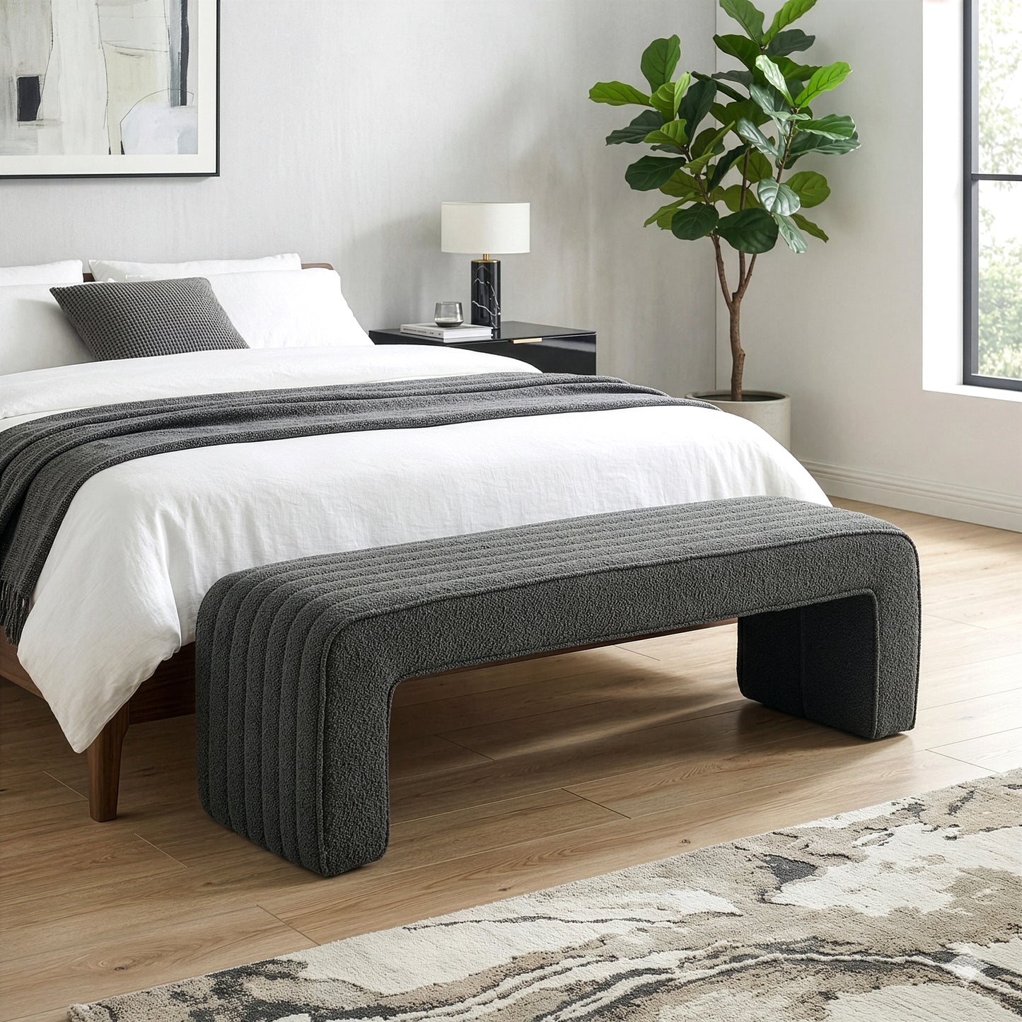 Benicia Gray Boucle Upholstered Fabric Tufted Bench