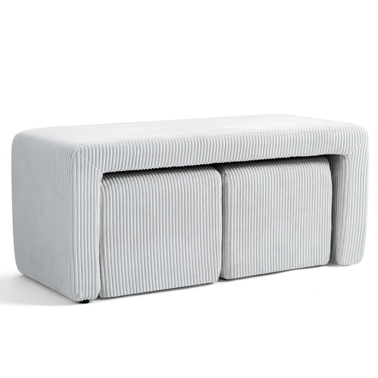 Belgin Beige Corduroy Velvet Fabric Bench with Ottomans