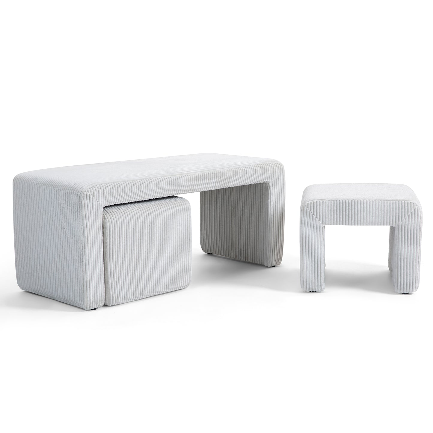 Belgin Beige Corduroy Velvet Fabric Bench with Ottomans