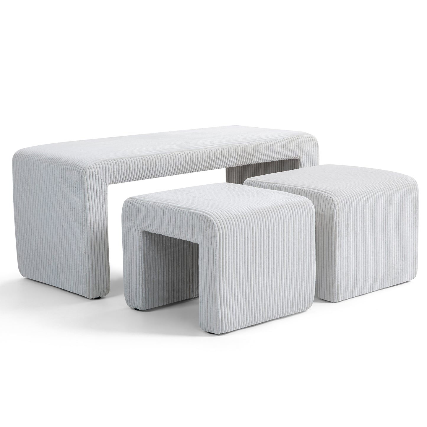 Belgin Beige Corduroy Velvet Fabric Bench with Ottomans