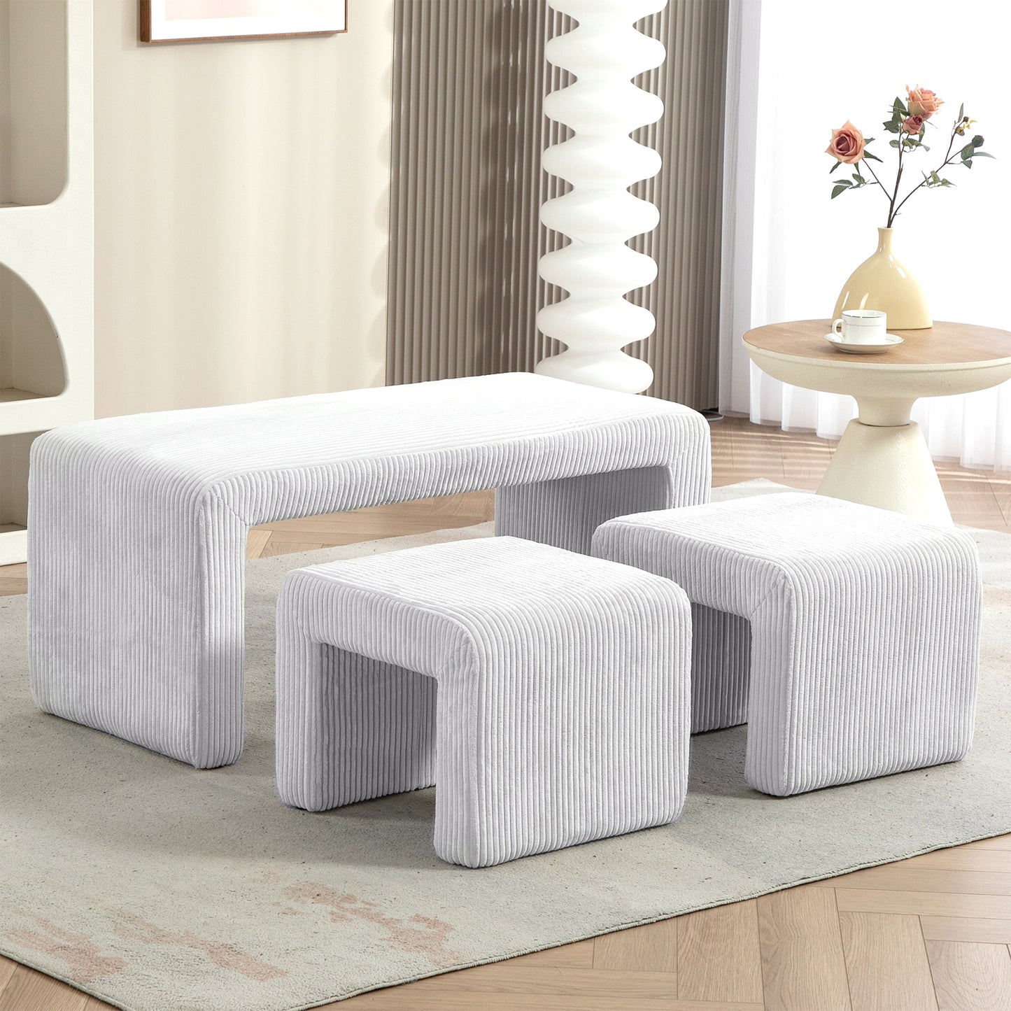 Belgin Beige Corduroy Velvet Fabric Bench with Ottomans
