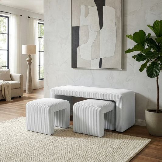 Belgin Beige Corduroy Velvet Fabric Bench with Ottomans