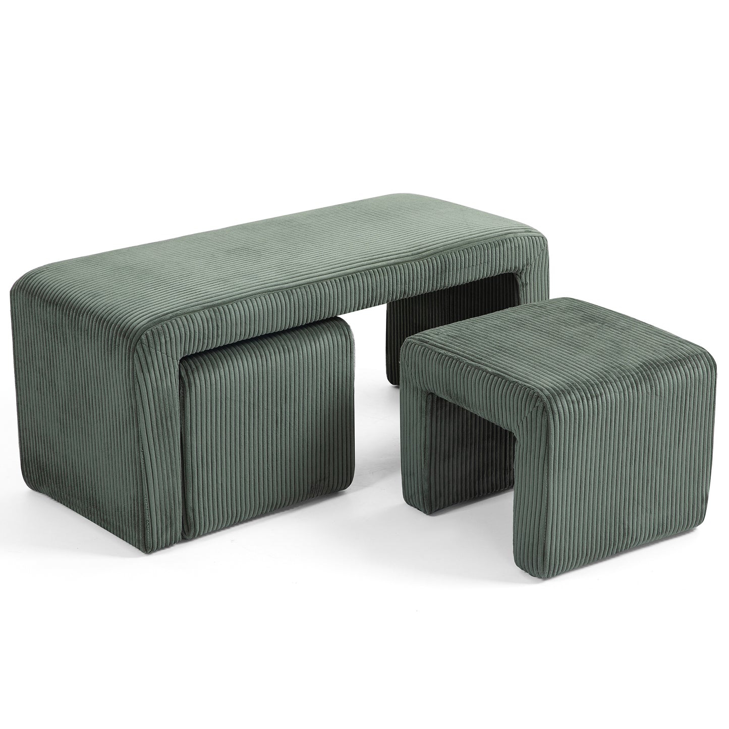 Belgin Green Corduroy Velvet Fabric Bench with Ottomans