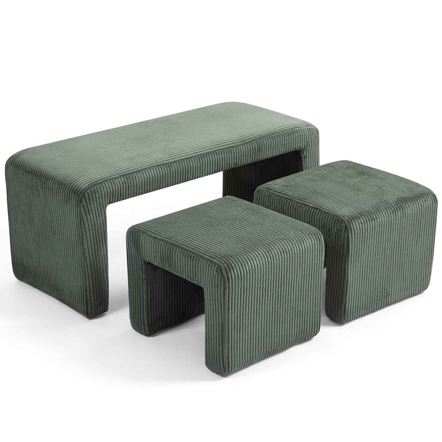 Belgin Green Corduroy Velvet Fabric Bench with Ottomans
