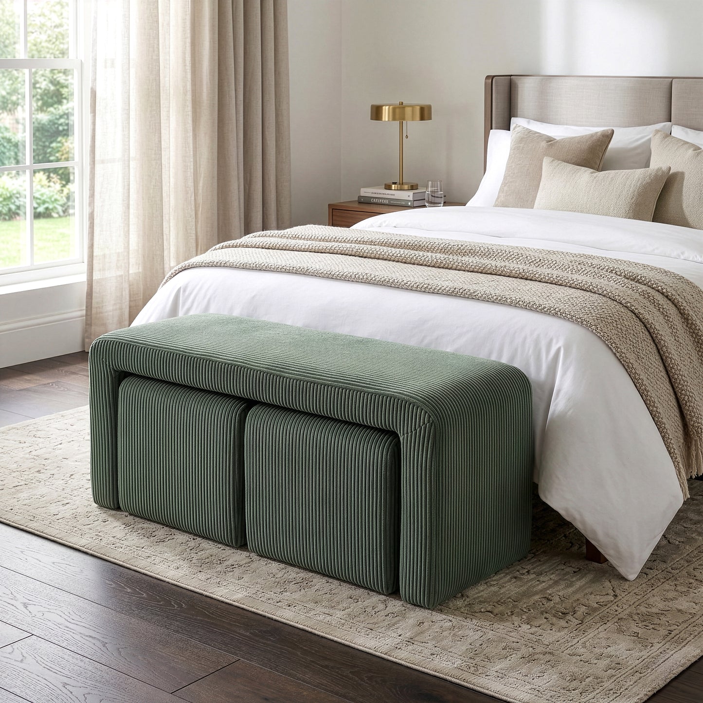 Belgin Green Corduroy Velvet Fabric Bench with Ottomans