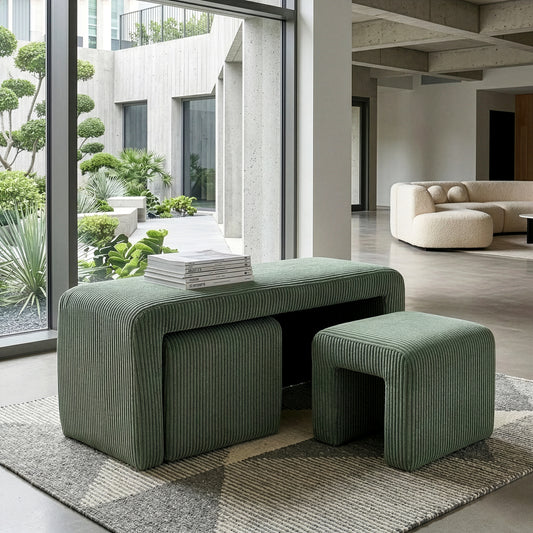 Belgin Green Corduroy Velvet Fabric Bench with Ottomans