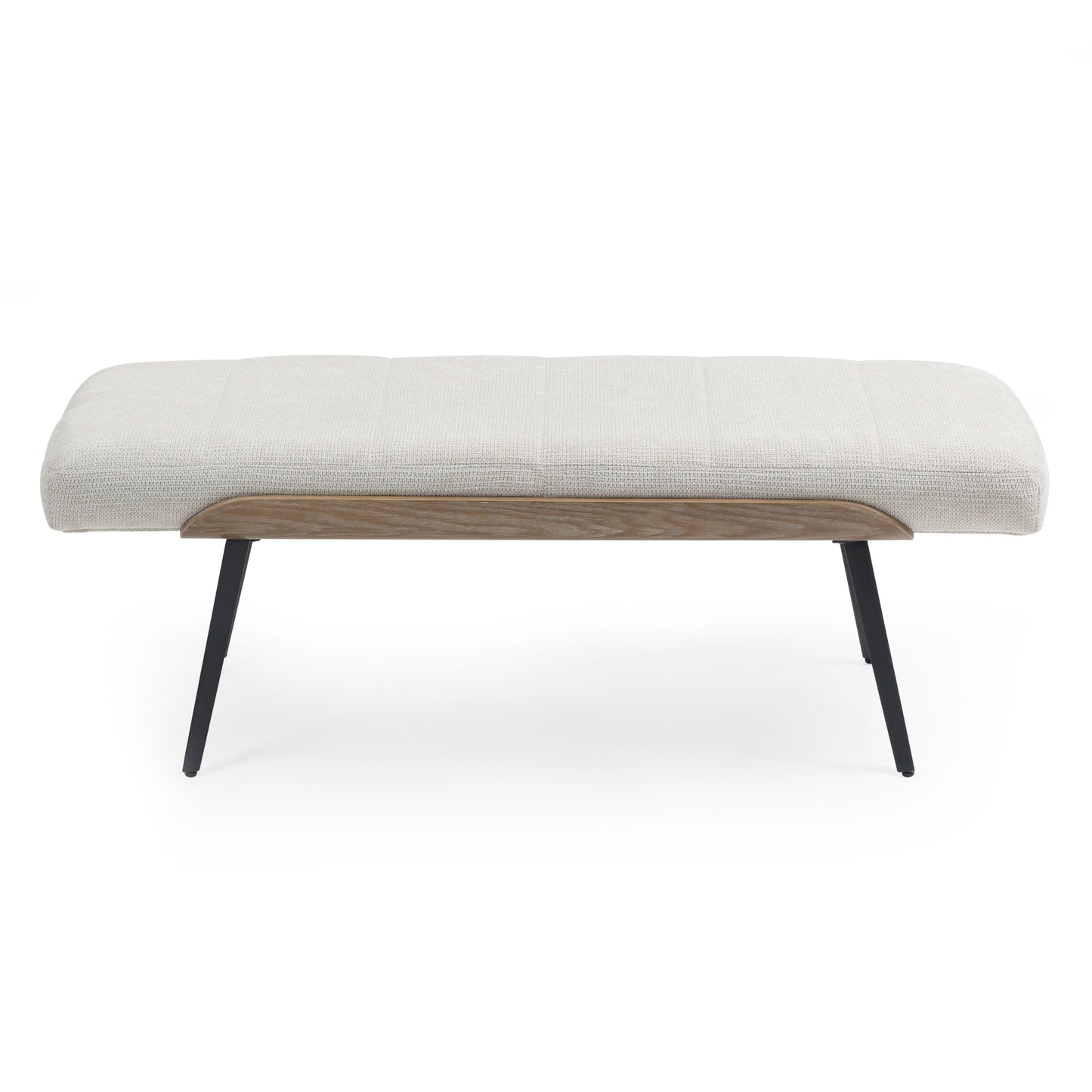 Bevin Beige Washed Woven Fabric Bench with White Washed Wood Accents and Black Iron Legs