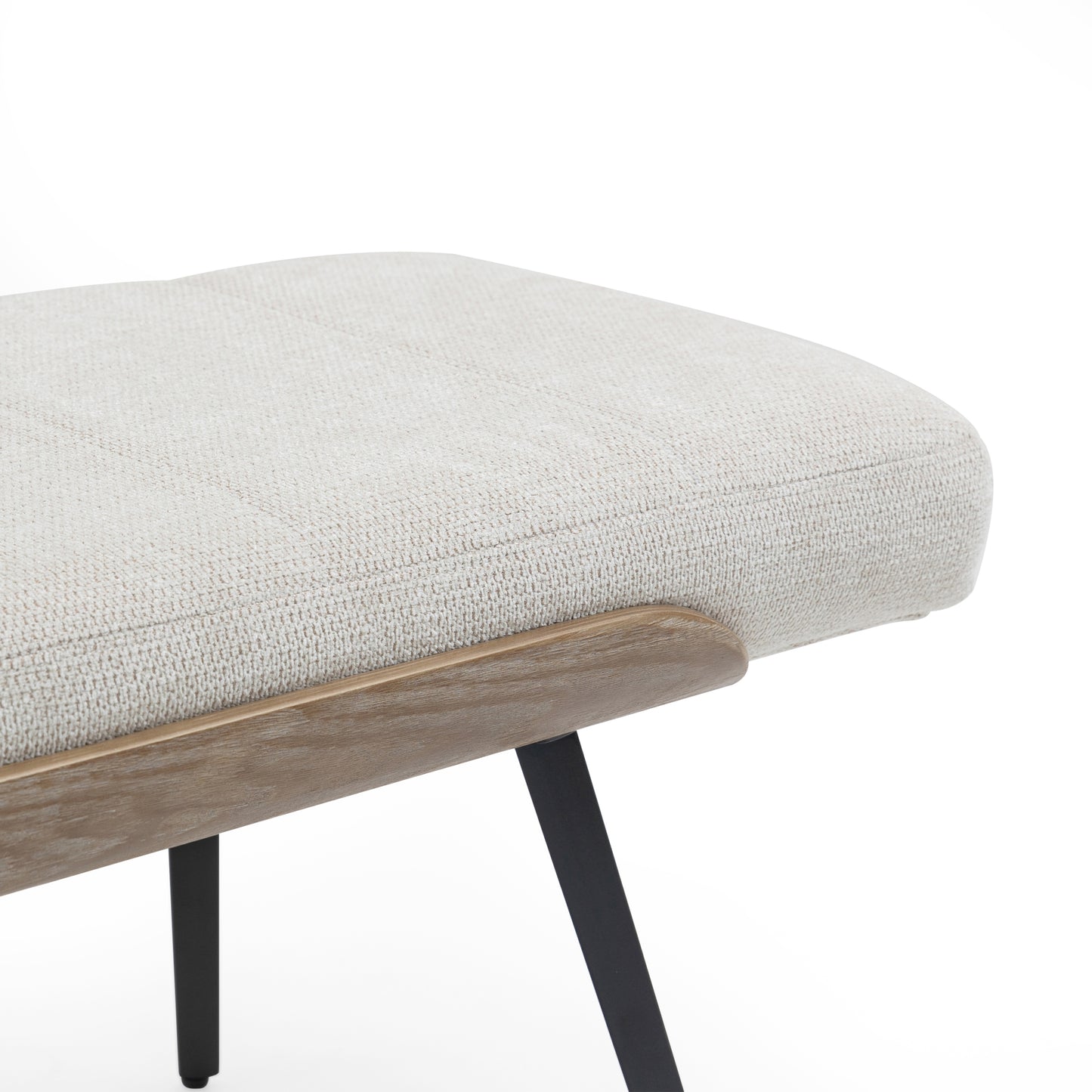 Bevin Beige Washed Woven Fabric Bench with White Washed Wood Accents and Black Iron Legs