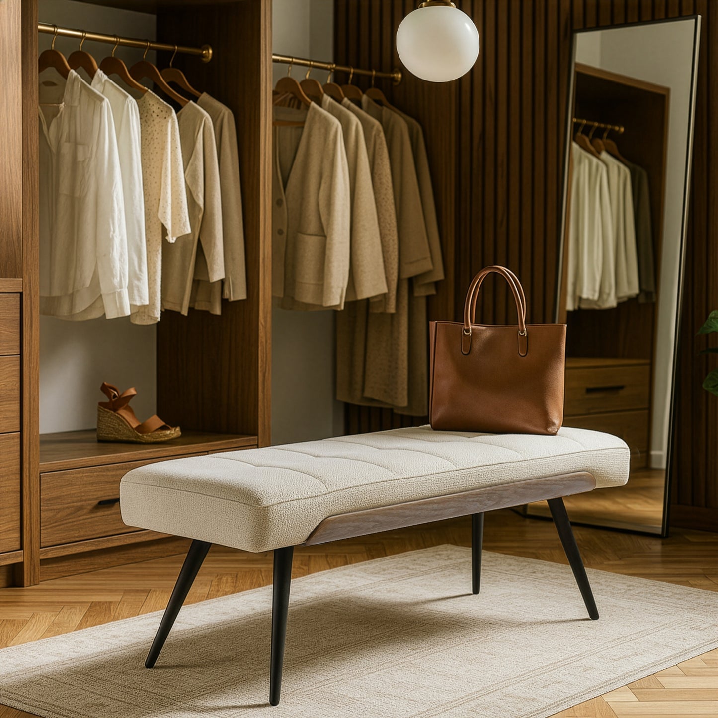 Bevin Beige Washed Woven Fabric Bench with White Washed Wood Accents and Black Iron Legs