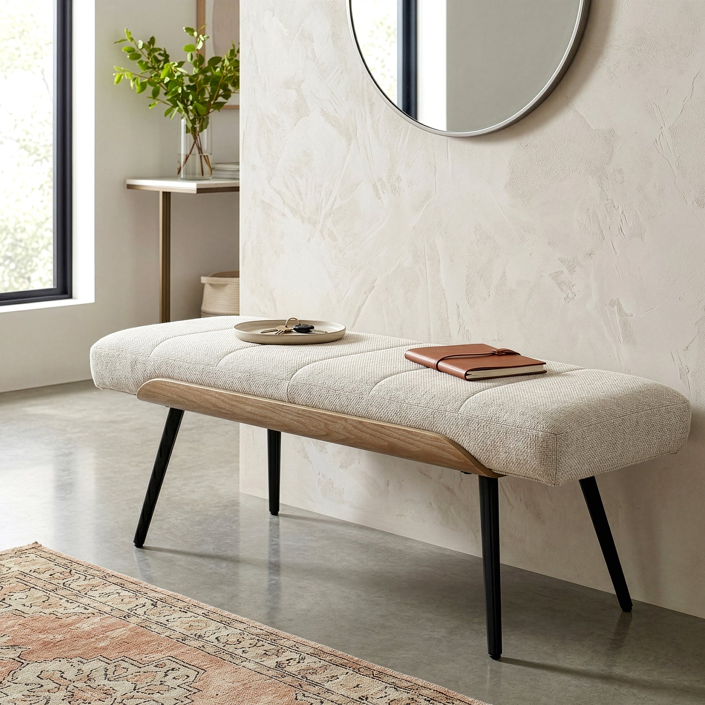 Bevin Beige Washed Woven Fabric Bench with White Washed Wood Accents and Black Iron Legs