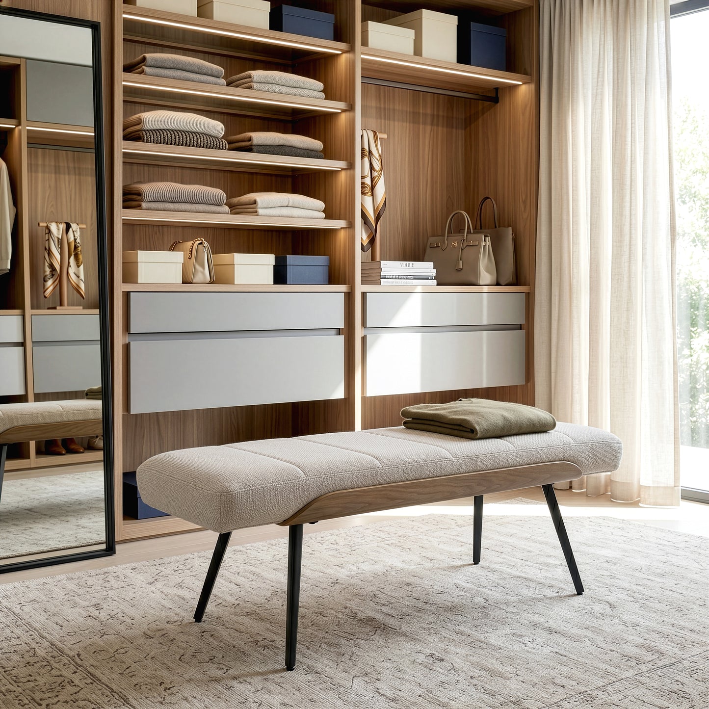 Bevin Beige Washed Woven Fabric Bench with White Washed Wood Accents and Black Iron Legs