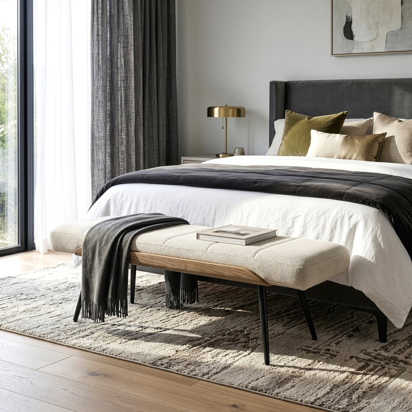 Bevin Beige Washed Woven Fabric Bench with White Washed Wood Accents and Black Iron Legs