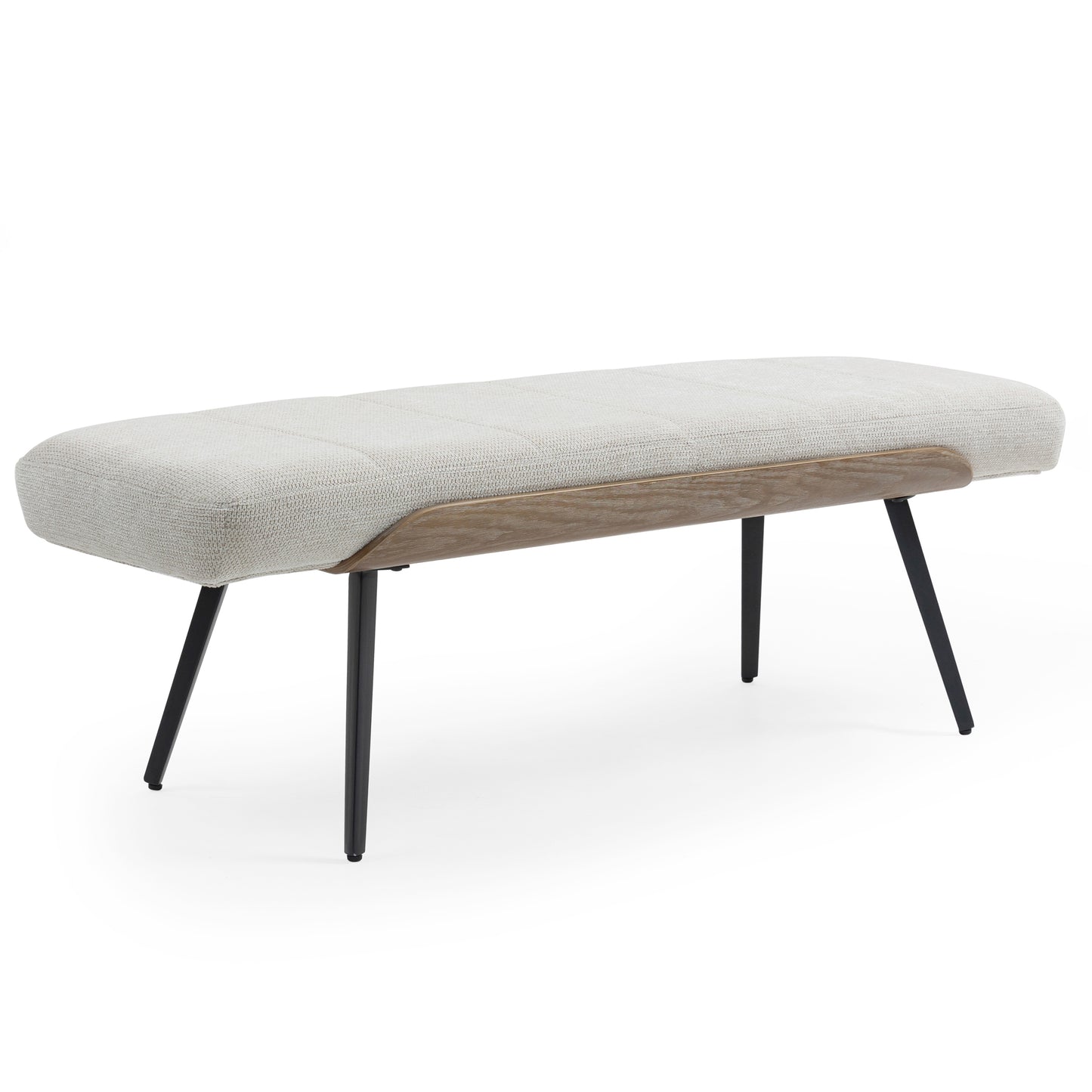 Bevin Beige Washed Woven Fabric Bench with White Washed Wood Accents and Black Iron Legs