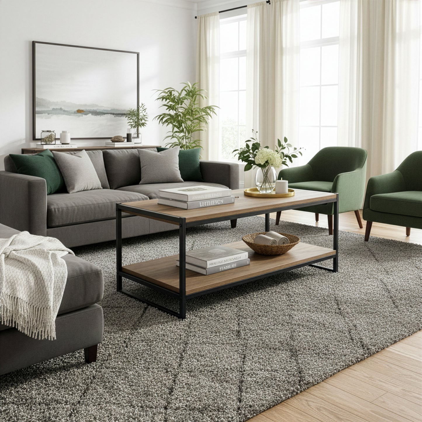 Ailis Brown Pine Wood Black Metal Frame Coffee Table