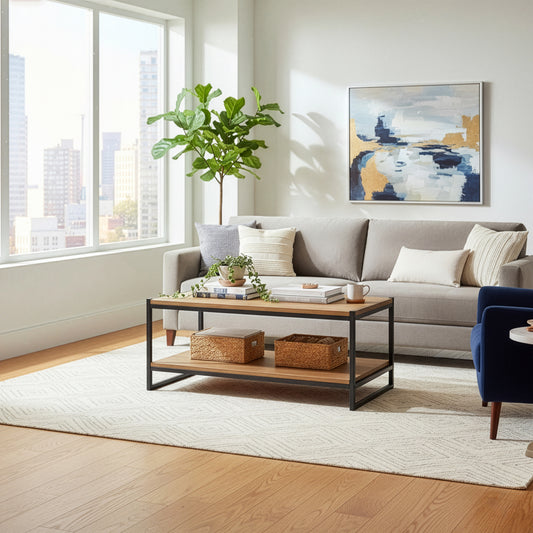 Ailis Brown Pine Wood Black Metal Frame Coffee Table